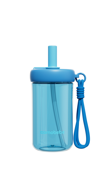COMO Tritan Sippy Cup 15oz in Blue with clip-on lanyard