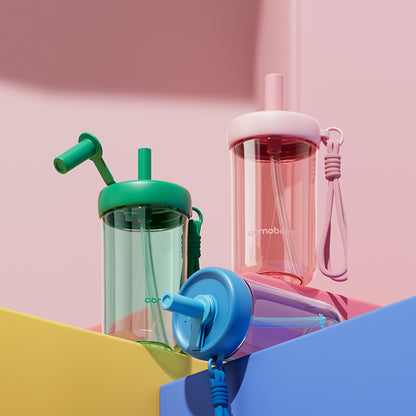 COMO Tritan Sippy Cup 15oz in green, blue and pink, each with a detachable lanyard